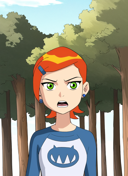 3978527168-4103664848-ben10, 1girl, solo, green eyes, forest, nature, raglan sleeves, hairclip, hair ornament, short hair, open mouth, orange hair, tr.png